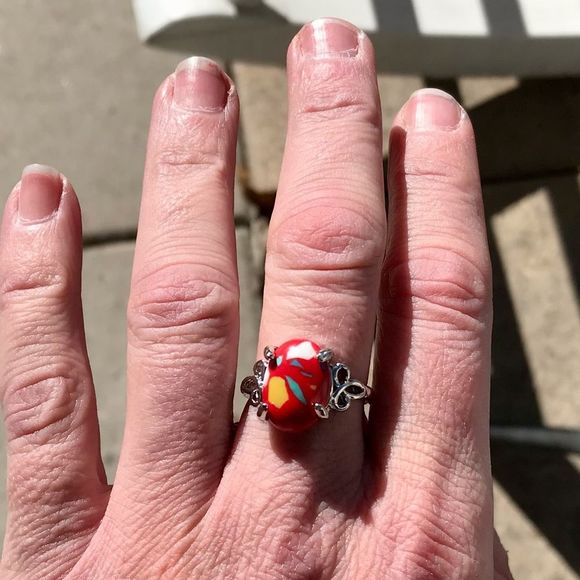Red Coral Ring with Silver Toned Setting & Band - Picture 5 of 7